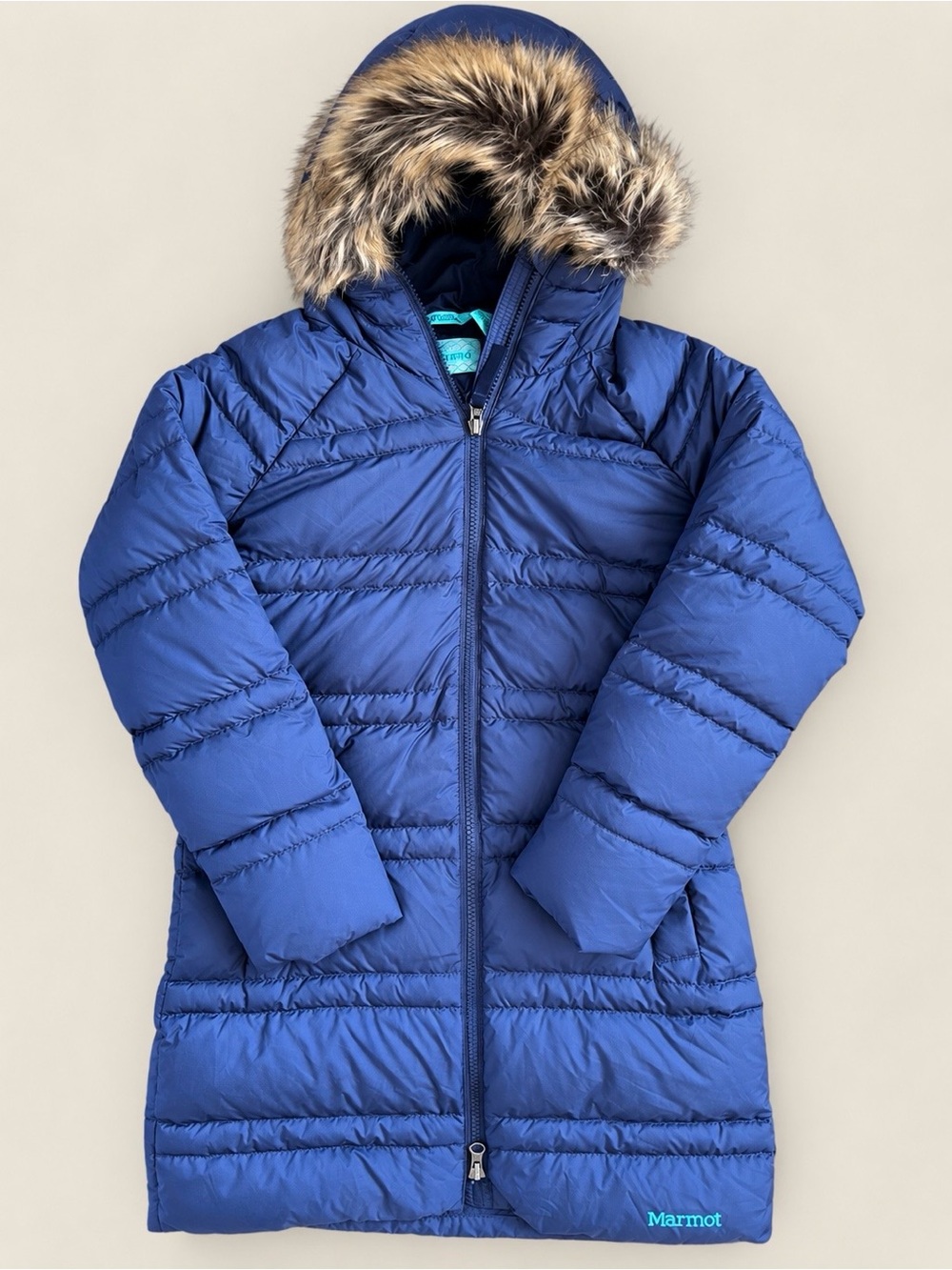 Marmot Girls Medium 700 Fill Down Long Puffer Coat Blue Faux Fur Hood